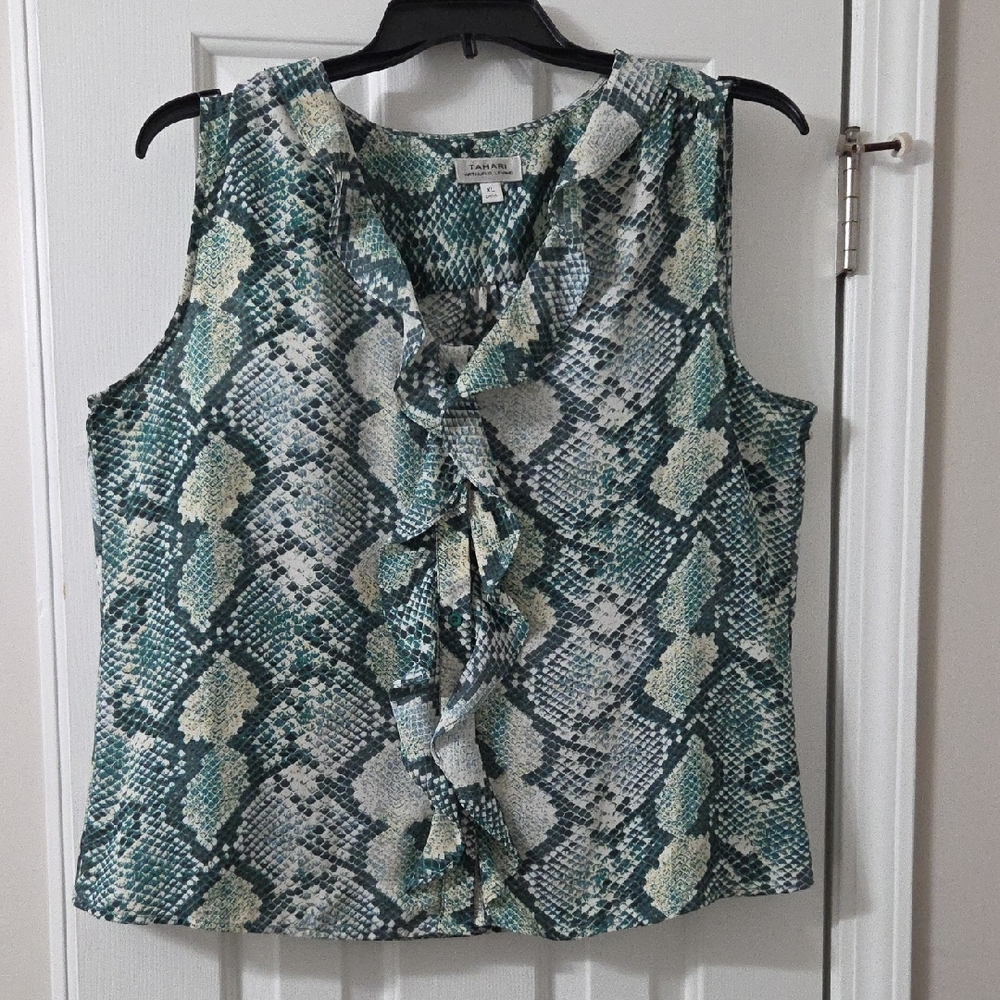 T Tahari Teal and Cream Snake Print Blouse
